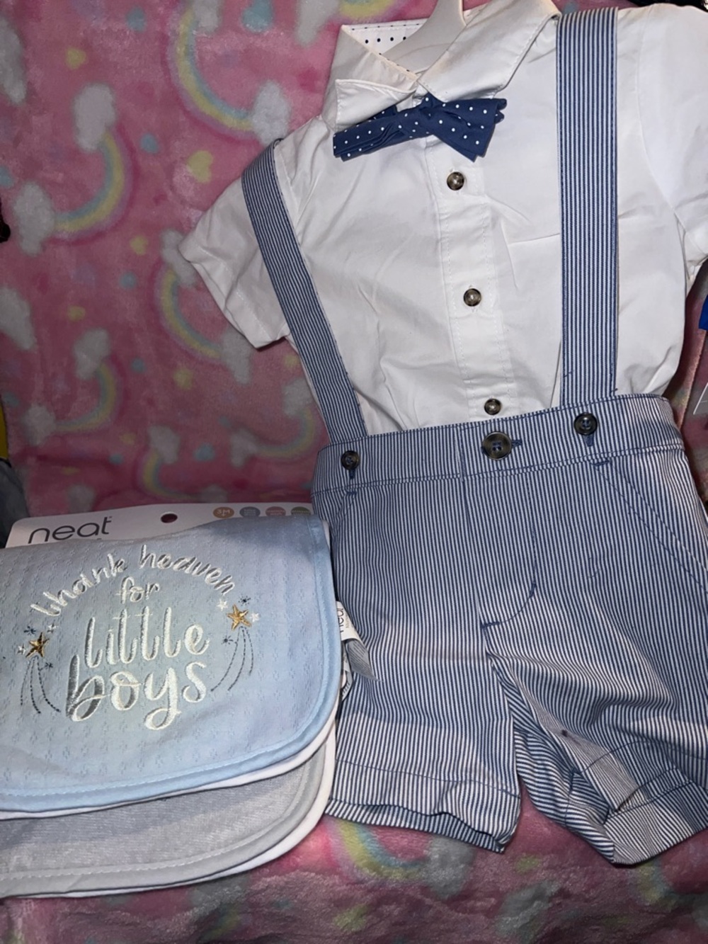 Carter’s Striped Blue Suspender Shorts Set with Polka Dot Bow Tie